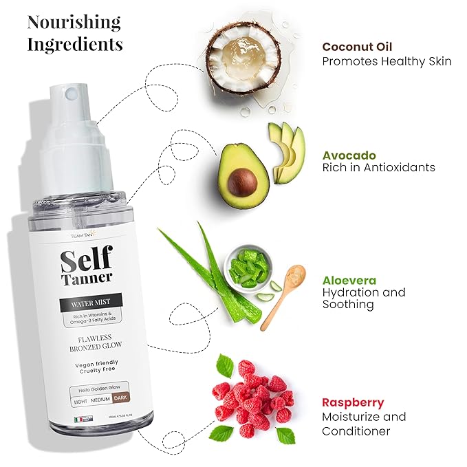 Team Tan Self Tanning Water - Vitamin Infused Self Tanner Mist for Hydrating Face and Body, Sunless Tanning Spray for Fake Tan, No Streaks, Orange Tints or Nasty Smell (Dark)