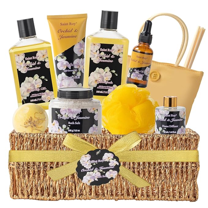 SaintRoy Sets & Kits – Mother's Day Gift for Mom Bath and Body Gift Basket Orchid & Jasmine Spa Gift Baskets for Women Fragrant Body Lotions, Bath Bomb, Home Spa Gift Basket Rich in Jojoba oil & Shea Butter, Bath Kit Sets