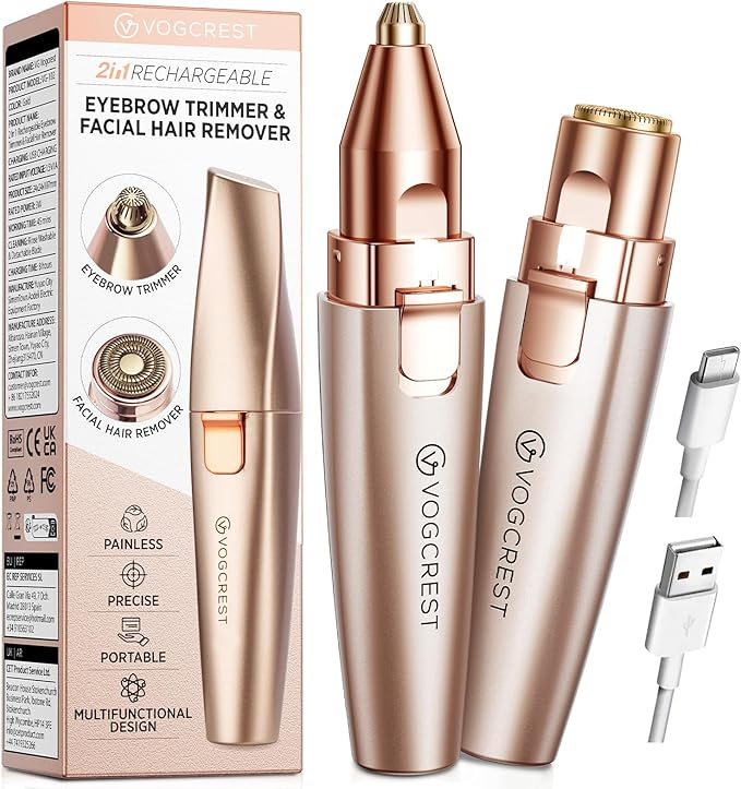 VGVOGCREST Eyebrow Trimmers – Eyebrow & Facial Trimmer: 2 in1 Rechargeable Facial Hair Removal & Eyebrow Shaver - Body Razor with Built-in LED Light (Rose Gold)