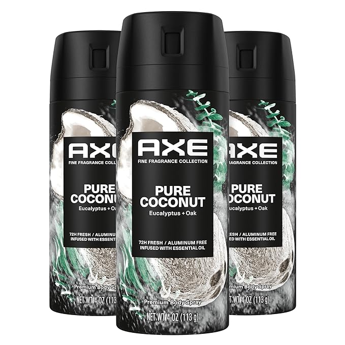 AXE Deodorant – AXE Fine Fragrance Collection Premium Deodorant Body Spray for Men Pure Coconut 3 Count with 72H Odor Protection and Freshness Infused with Coconut, Eucalyptus, and Oak Essential Oils 4 oz