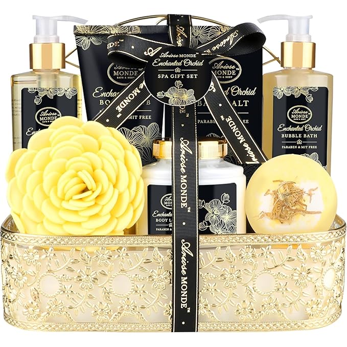 Ariosemonde Sets & Kits – Spa Gift Baskets for Women, Gift Set for Mom Enchanted Orchid Scent, Home Spa Kit with Bubble Bath, Body Lotion, Bath Bomb, Bath Salt, Bath Gift Baskets, Birthday Gifts for Women