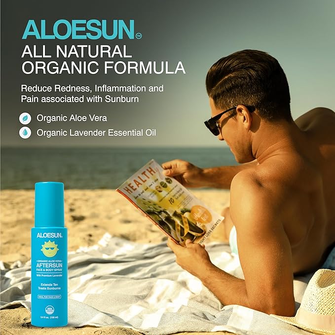 After Sun Face and Body Spray | Organic Aloe Vera Gel with Pure Lavender Essential Oil | Sunburn Relief Natural Aftersun Skin Moisturizer | Tanning Redness Treatment | Travel Size 3.4 Fl Oz