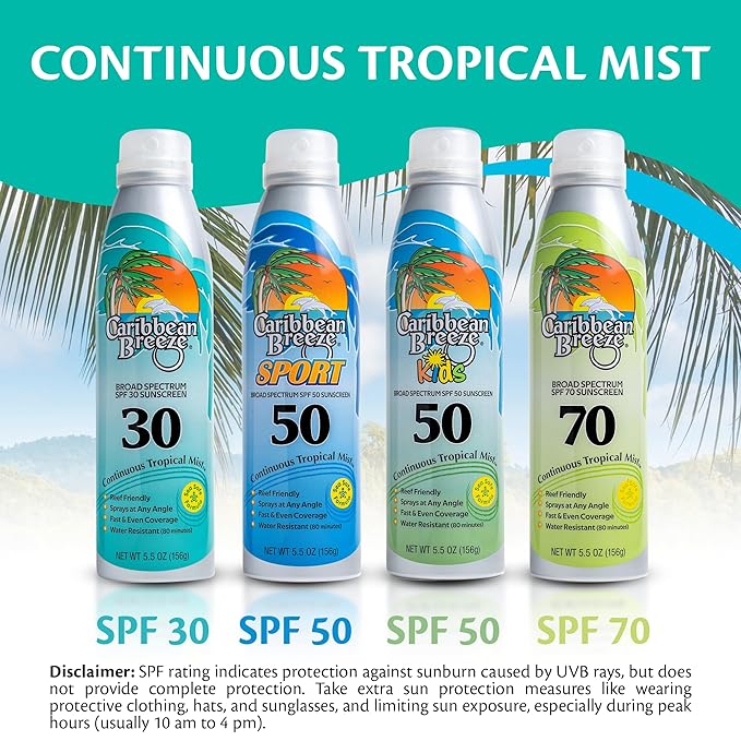 Caribbean Breeze Continuous Tropical Mist SPF 30 Sunscreen Spray, Reef Safe Sunscreen Spray, Up to 80 Minutes Water Resistant, 5.5 Ounces, 2 Pack