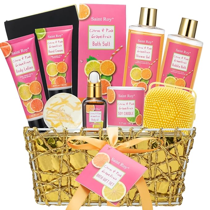 SaintRoy Sets & Kits – Bath & Body Gift Set, Luxury Home Spa Bath Gift Basket Citrus & Pink Grapefruit Spa Kit Gift Woman, 11 Pcs Self Care Kit Gifts With Bubble Bath, Massage Oil, Bath Brush, Birthday Gifts for Women