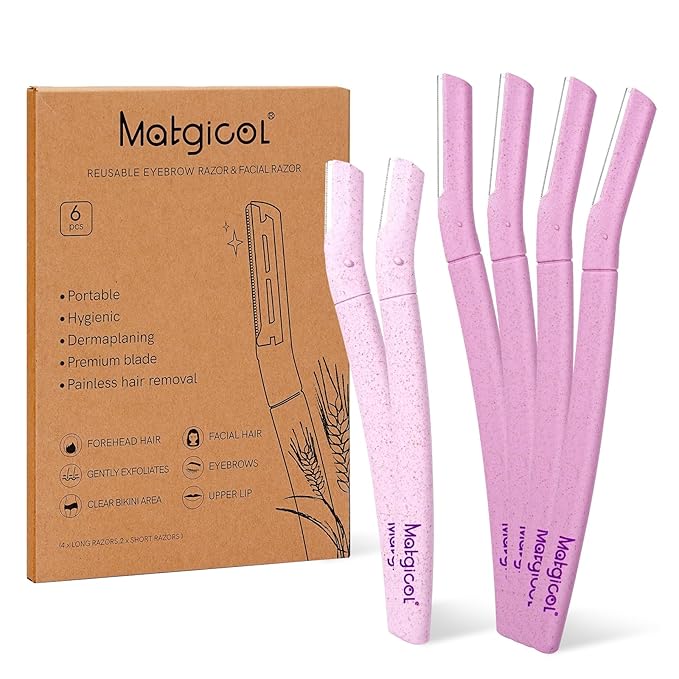 MATGICOL Eyebrow Trimmers – Eco-Friendly Women's Dermaplaning Razor - Multipurpose Exfoliating Tool with Anti-Cut Blades & Biodegradable Handle for Silky Skin & Perfect Brows (Purple-Pink)