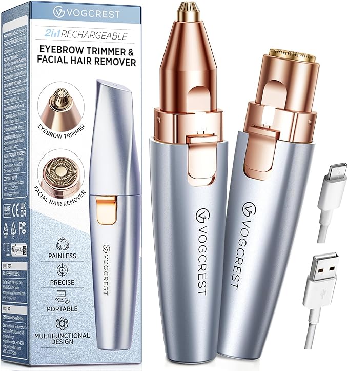 VGVOGCREST Eyebrow Trimmers – Eyebrow & Facial Trimmer: 2 in1 Rechargeable Facial Hair & Eyebrow Shaver - Painless LED Light (Sky Blue)