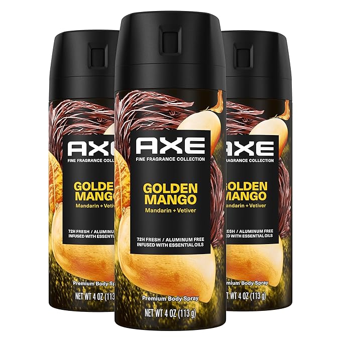 AXE Deodorant – AXE Fine Fragrance Collection Premium Deodorant Body Spray for Men Golden Mango 3 Count With 72H Odor Protection and Freshness Infused with Mango, Mandarin, and Vetiver Essential Oils 4 oz