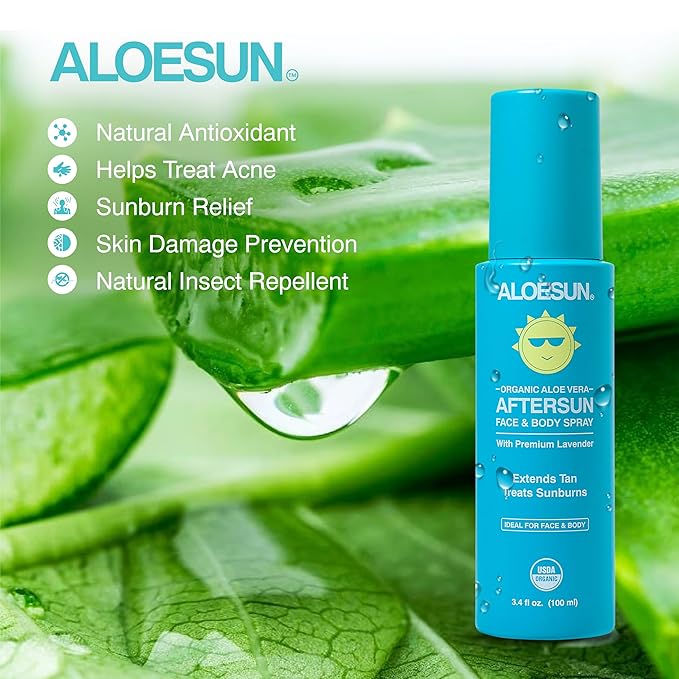 After Sun Face and Body Spray | Organic Aloe Vera Gel with Pure Lavender Essential Oil | Sunburn Relief Natural Aftersun Skin Moisturizer | Tanning Redness Treatment | Travel Size 3.4 Fl Oz