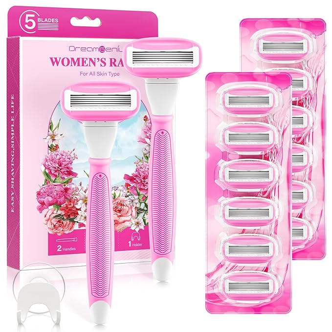 DreamGenius Cartridge Razors – DreamGenius Razors for Women Include 2 Non-Slip Handles and 14 Blade Refills with a Shower Holder, 5 Premium Blades Women's Razors for Shaving with 360° Lubrication Reduces Irritation, Pink