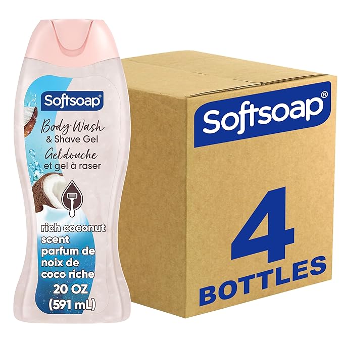 Softsoap Body Washes – Softsoap Moisturizing Body Wash and Shave Gel, Rich Coconut Scent, 20 fl oz Bottle (Pack of 4)