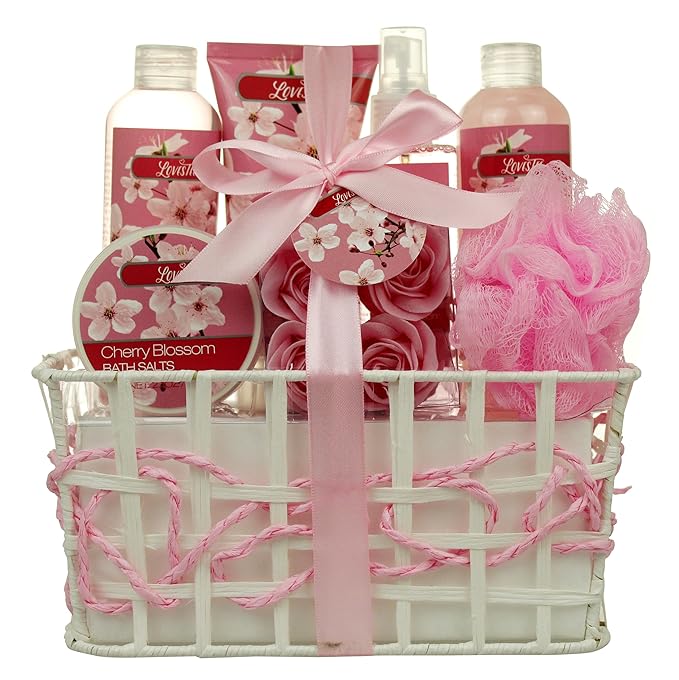 Lovestee Sets & Kits – Spa Bath and Body - Spa Gift Baskets for Women & Girls, Cherry Fragrance, Spa Birthday Gift Includes Loofah Sponge, Bath Salt, Body Lotion, Soap Rose, Body Mist, Shower Gel Bubble Bath