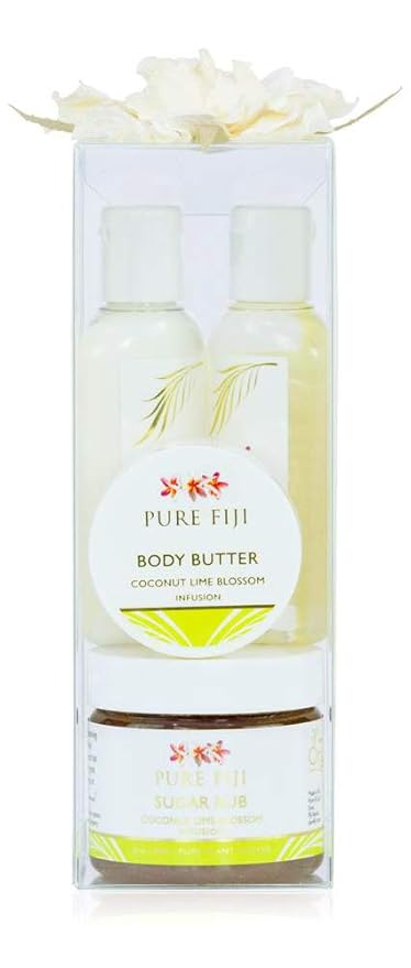 PureFiji Sets & Kits – Pure Fiji Spa Gifts for Women and Man - Body Gift Box Include: Sugar Scrub, Bath and Body Oil, Body Butter and Body Lotion, Scent Coconut Lime Blossom