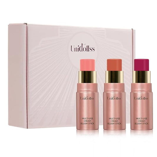 Unidollss Blush – 3 Pcs Multi-Use Makeup Cream Blush Stick Set, Unidollssbeauty 3-in-1 Buildable Blush Stick Set, Hydrating formula, All day wear, Easy Application with a Random Accessory Included(01,03,04)