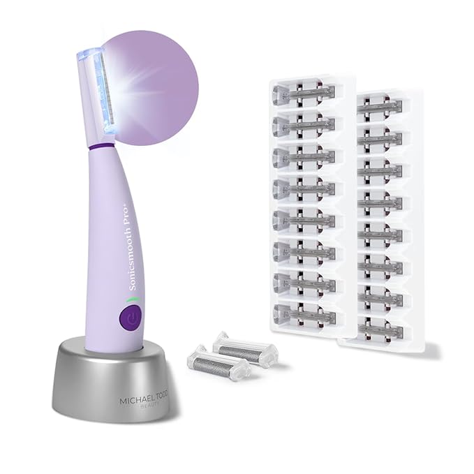 MICHAELTODDBEAUTY Microdermabrasion Devices – Michael Todd Beauty Sonicsmooth Pro+ Dermaplane Razor for Women Face + Eyebrow trimmer Dermaplaning System w/LED Light Peach Fuzz Remover -16 Dermaplaning Blades & 2 Microsmooth Exfoliation Tips