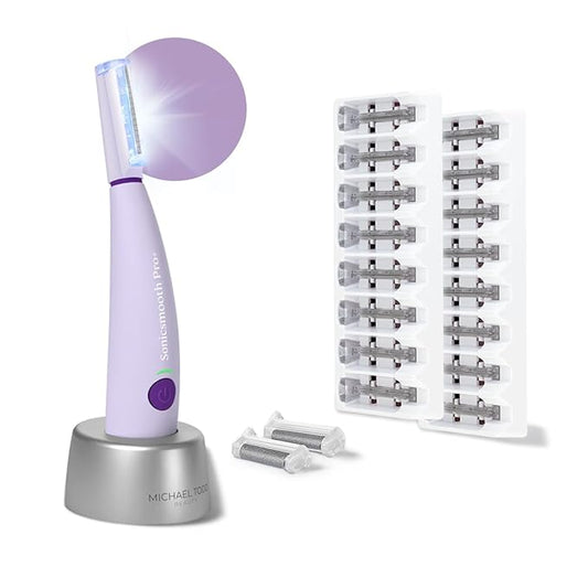 MICHAELTODDBEAUTY Microdermabrasion Devices – Michael Todd Beauty Sonicsmooth Pro+ Dermaplane Razor for Women Face + Eyebrow trimmer Dermaplaning System w/LED Light Peach Fuzz Remover -16 Dermaplaning Blades & 2 Microsmooth Exfoliation Tips