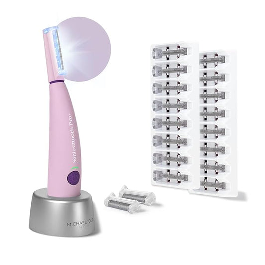MICHAELTODDBEAUTY Microdermabrasion Devices – Michael Todd Beauty Sonicsmooth Pro+ Dermaplane Razor for Women Face + Eyebrow trimmer Dermaplaning System w/LED Light Peach Fuzz Remover -16 Dermaplaning Blades & 2 Microsmooth Exfoliation Tips