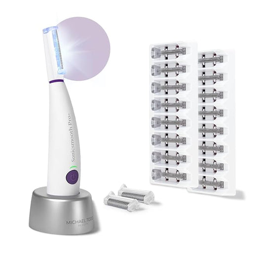 MICHAELTODDBEAUTY Microdermabrasion Devices – Michael Todd Beauty Sonicsmooth Pro+ Dermaplane Razor for Women Face + Eyebrow trimmer Dermaplaning System w/LED Light Peach Fuzz Remover -16 Dermaplaning Blades & 2 Microsmooth Exfoliation Tips