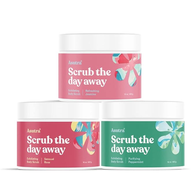 ASUTRAASUWD Body Scrubs – ASUTRA Dead Sea Salts Essential Oil Body Scrub Bundle – 3, Full-Size 16 oz Body Scrubs – Refreshing Jasmine, Sensual Rose, Purifying Peppermint – Ultra Hydrating, Gentle, and Moisturizing
