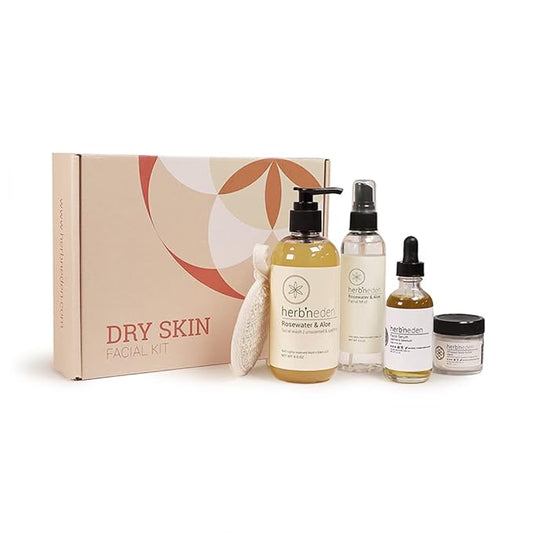 HERBNEDEN Facial Kits – Herb’N Eden - Dry Skin Facial Kit - Cleanse, Mist, Moisturize, & Nourish - Natural Ingredients & Essential Oils - Made in USA - 5 Product Set includes Wash, Mist, Serum, Body Butter, Sisal