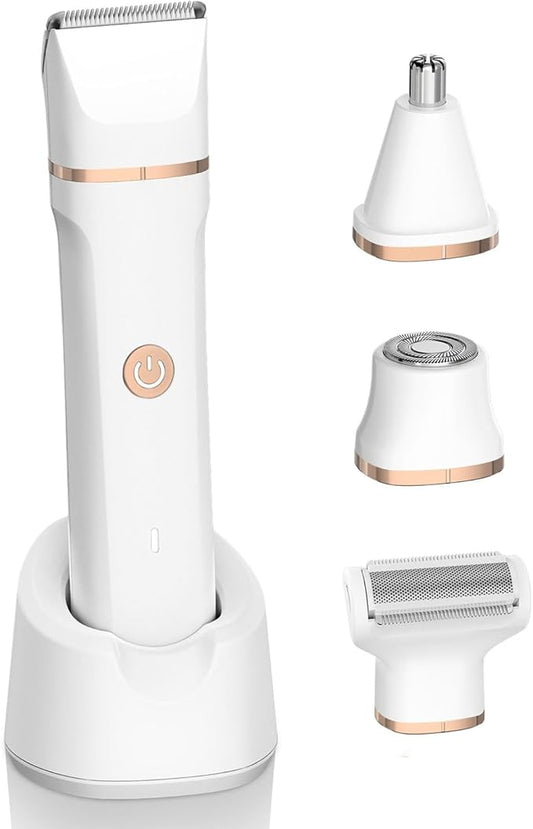 glowtalebaeuty Bikini Trimmers – Electric Bikini Trimmer for Women - 4 in 1 Electric Shaver for Women, Waterproof Pubic Hair Trimmer and Facial Hair Remover, Replaceable Razors & Nose Hair Trimmer, Rechargeable Women's Grooming Kit