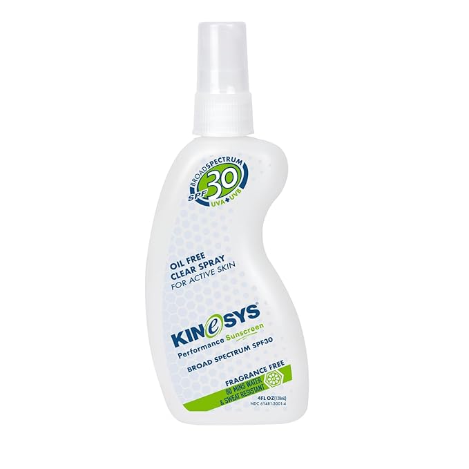 KINeSYS Fragrance Free Clear Spray Sunscreen for sensitive skin, SPF 30, Hypoallergenic, Broad Spectrum UVA/UVB protection for Face & Body, PABA and Oxybenzone FREE, 700+ Sprays, 4 Fl Oz/120 mL