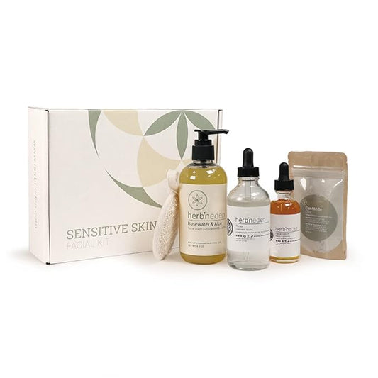 HERBNEDEN Facial Kits – Herb’N Eden - Sensitive Skin Facial Kit - Cleanse, Mask, Tone, & Moisturize - Natural Ingredients & Essential Oils - Made in USA - 5 Product Set includes Wash, Toner, Serum, Mask, Sisal