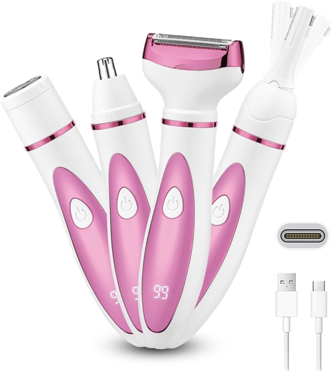 glowtalebaeuty Bikini Trimmers – Electric Razor for Women, Bikini Trimmer Womens Shaver for Face Nose Eyebrow Body Leg Pubic Underarm Arm Ladies Rechargeable 4 in 1 Hair Removal Kit Painless Trimming, Gifts for Women (Pink)