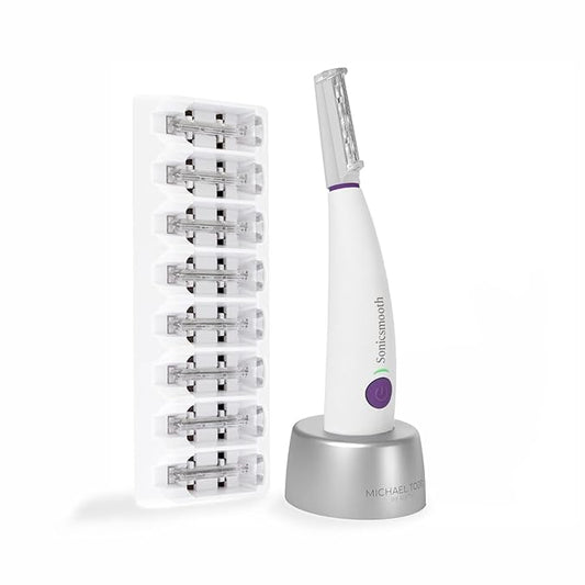 MICHAELTODDBEAUTY Microdermabrasion Devices – Michael Todd Beauty Sonicsmooth Dermaplane Razor for Women Face + Eyebrow trimmer Dermaplaning System - Peach Fuzz Remover - 8 Weeks of Dermaplaning Blades
