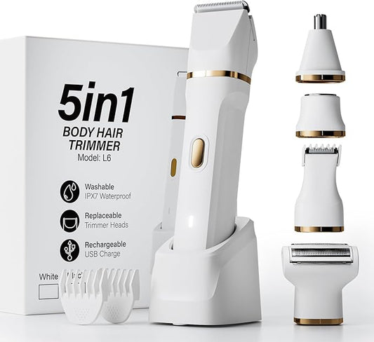 OKYUK Bikini Trimmers – Electric Razors for Women, 5-in-1 Wet/Dry Bikini Trimmer with USB Charge Dock, Deluxe Facial Hair Removal, Wet/Dry Body Shaver for Nose Eyebrows Beard Underarm Leg Arm, IPX7 Waterproof (White)