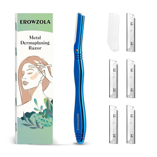 EROWZOLA Razor Blades & Cartridges – Dermaplane Razor for Women Face with 6 Refill Blades, Dermaplaning Tool Face Razors for Removes Facial Hair, Peach Fuzz, Reusable Metal Handle Eyebrow Razor (Blue)