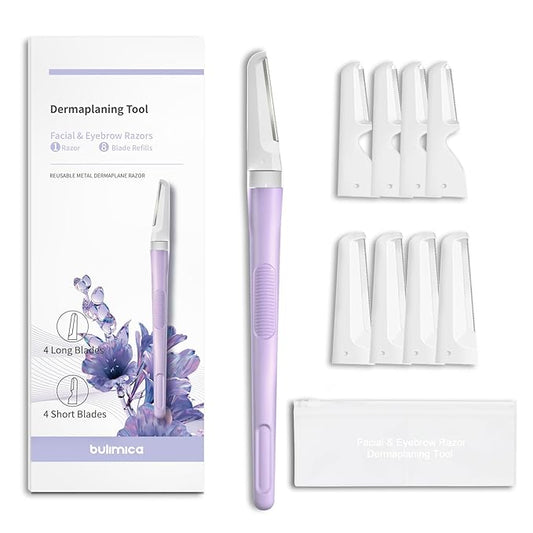 BULIMICA Personal Groomers – Face Razors for Women, Dermaplane Razor for Women Face, Eyebrow Razor, Facial Razors, Dermaplaning Tool, Reusable Metal Handle with 8 Microblades for Sensitive Skin, Peach Fuzz Remover, Purple