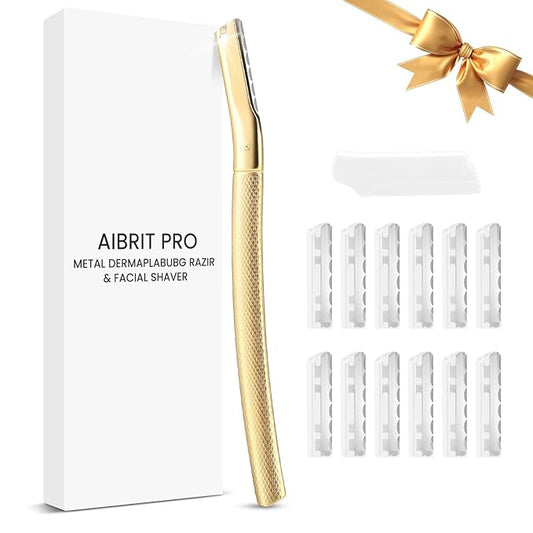 AIBRITPRO Eyebrow Trimmers – Dermaplaning Tool for Face, Dermaplane Razor for Peach Fuzz with Metal Grip, Professional Eyebrow Razor for Women, Facial Razor for Women Gold (12 Replaceable Blades)