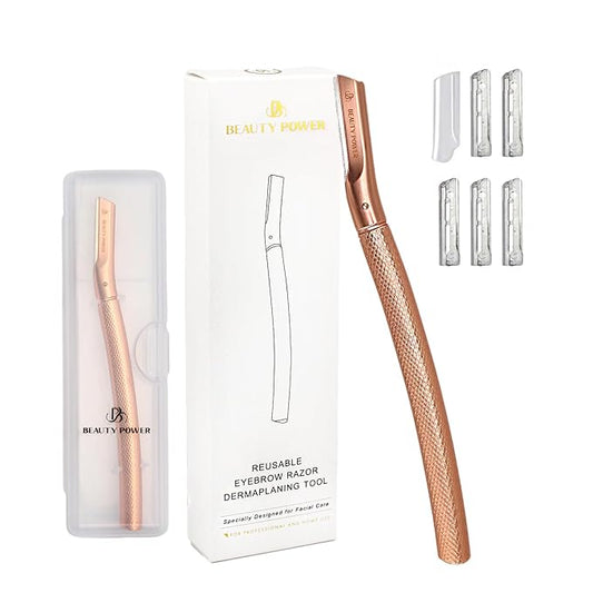BeautyPower Disposable Razors – Eyebrow Razor with 6 Blades & Travel Case – Face Razors for Women & Men, Eyebrow Trimmer Shaper with Precision Cover, Facial Shaver & Dermaplaning Tool for Smooth Skin (Rose Gold)