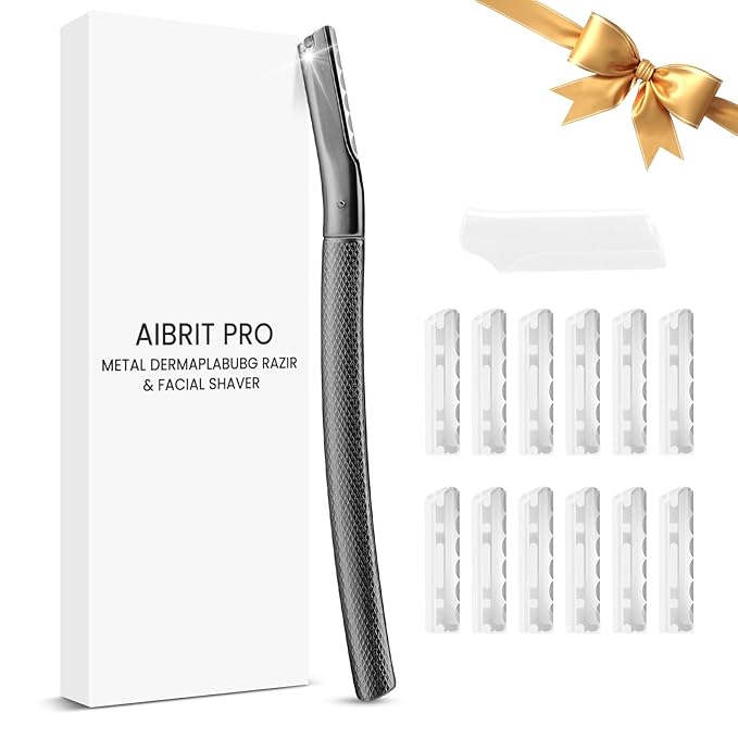 AIBRITPRO Eyebrow Trimmers – Dermaplaning Tool for Face, Dermaplane Razor for Peach Fuzz with Metal Grip, Professional Eyebrow Razor for Women, Facial Razor for Women Black (12 Replaceable Blades)