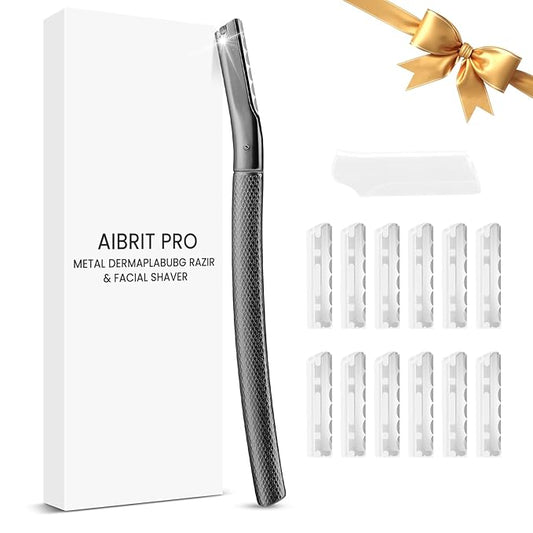AIBRITPRO Eyebrow Trimmers – Dermaplaning Tool for Face, Dermaplane Razor for Peach Fuzz with Metal Grip, Professional Eyebrow Razor for Women, Facial Razor for Women Black (12 Replaceable Blades)