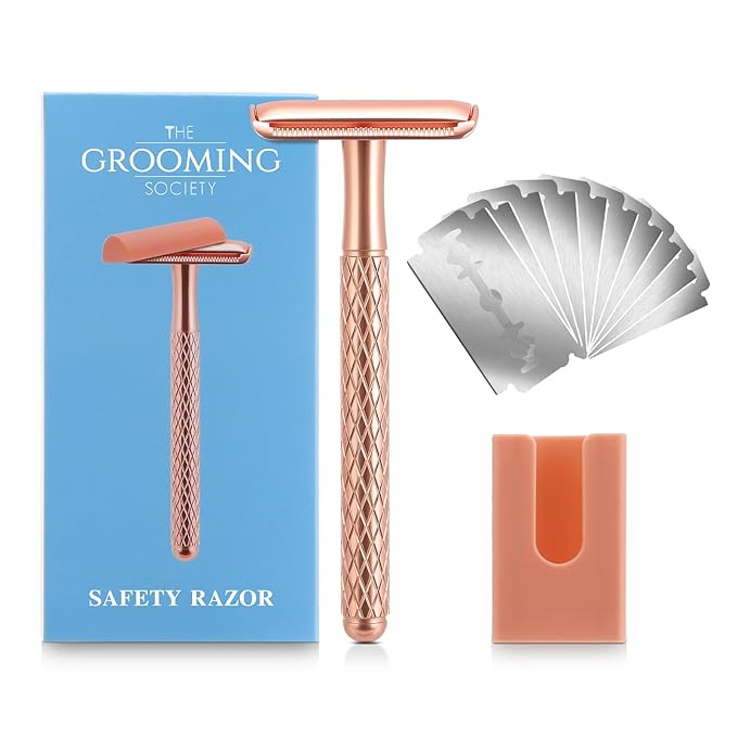 THEGROOMINGSOCIETY Safety Razors – Double Edge Safety Razor for Women with Silicone Cover & 10 Blades for Travel Metal Eco-Friendly Reusable Single Blade Razor for Shaving (Rose Gold)