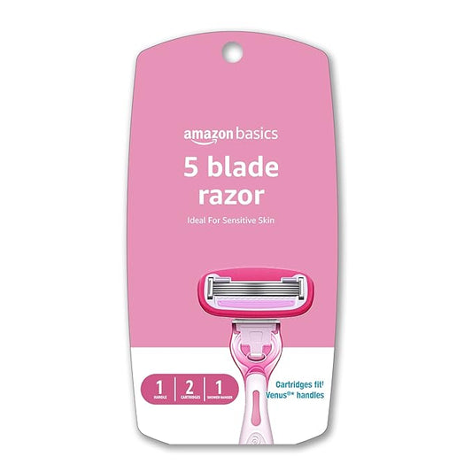 AmazonBasics Cartridge Razors – Amazon Basics Women's 5 Blade FITS Razor for Women, FITS Amazon Basics FITS Handle and Venus Handles, Includes 1 FITS Handle, 2 Cartridges & 1 Shower Hanger