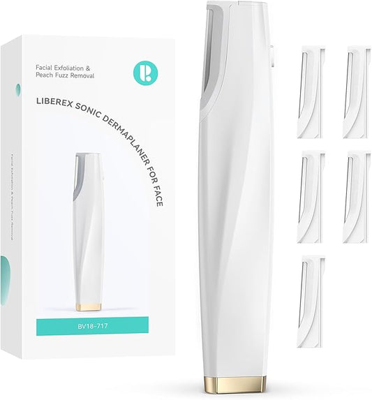 LiberexCleansingYourDays Microdermabrasion Devices – Sonic Dermaplaning Tool for Face - Rechargeable Dermaplane Razor with 6 Refill Dermablades, Facial Hair & Peach Fuzz Remover for Women (White)