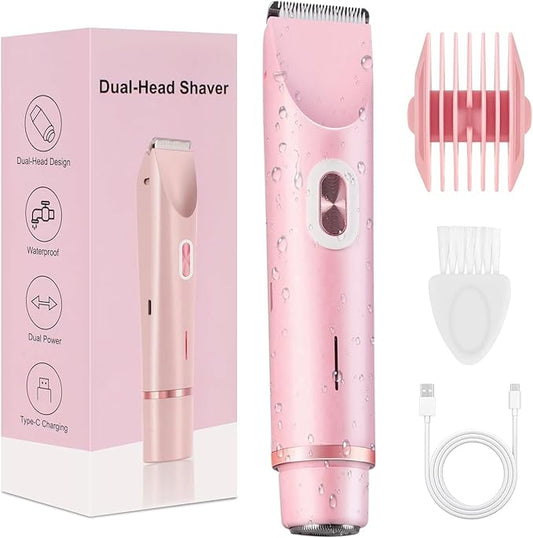 AEDNX Bikini Trimmers – Dermave Bikini Shaver, Bikini Trimmer for Women, Glow Aura Electric Razor 2-in-1 Women's Body Shaver Dual Head Women's Trimmer for Leg Arm Body Grooming Tool (Pink)