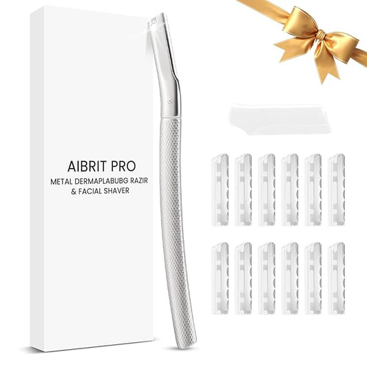 AIBRITPRO Eyebrow Trimmers – Dermaplaning Tool for Face, Dermaplane Razor for Peach Fuzz with Metal Grip, Professional Eyebrow Razor for Women, Facial Razor for Women Silver (12 Replaceable Blades)