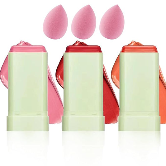 LZYLLS Blush – 3 Colors Blush Stick,Multi-Use Cream Blush,Waterproofing Highly Pigmented Makeup Stick,Moisturizing Makeup Cream Set with Blender Sponge