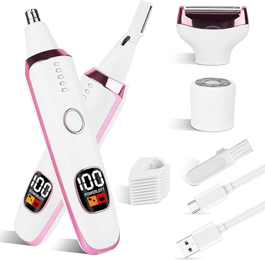 glowtalebaeuty Nose & Ear Hair Trimmers – 2025 Rechargeable Nose and Ear Hair Trimmer With LED Dispaly for Women Men,4 in 1 Painless Eyebrow & Facial Hair Trimmer with Powerful Motor,Ladies Wet & Dry Electric Razor for Travel (Pink)