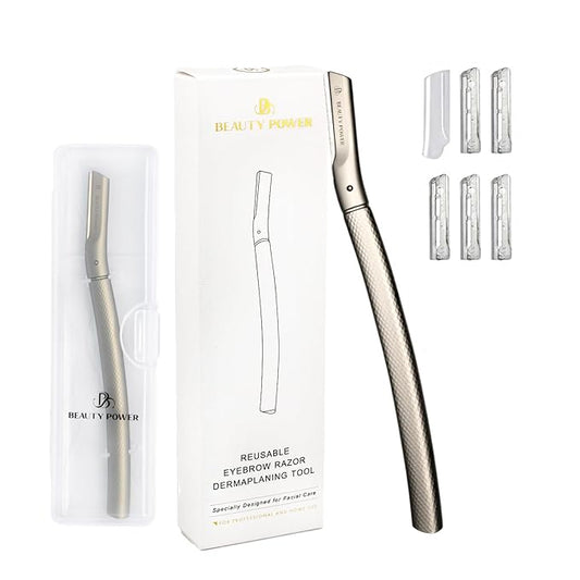 BeautyPower Disposable Razors – Eyebrow Razor with 6 Blades & Travel Case – Face Razors for Women & Men, Eyebrow Trimmer Shaper with Precision Cover, Facial Shaver & Dermaplaning Tool for Smooth Skin (Silver)