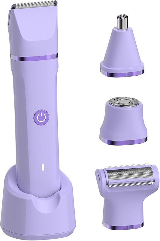 glowtalebaeuty Bikini Trimmers – Electric Razors for Women - 4 in 1 Bikini Trimmer for Women, Waterproof Body Pubic Shaver for Womens Wet & Dry Use, Replaceable Facial & Nose Hair Trimmer, Rechargeable Hair Removal Kit, Purple