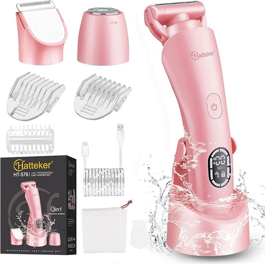 Hatteker Bikini Trimmers – Hatteker Women's Electric Shaver Bikini Trimmer Hair Trimmer for Women LED Display Electric Razor for Legs Bikini Underarm Public Hairs Led Display IPX7 Waterproof Gift for Women (Pink)