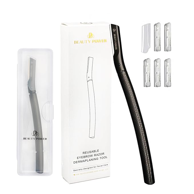 BeautyPower Disposable Razors – Eyebrow Razor with 6 Blades & Travel Case – Face Razors for Women & Men, Eyebrow Trimmer Shaper with Precision Cover, Facial Shaver & Dermaplaning Tool for Smooth Skin (Black)
