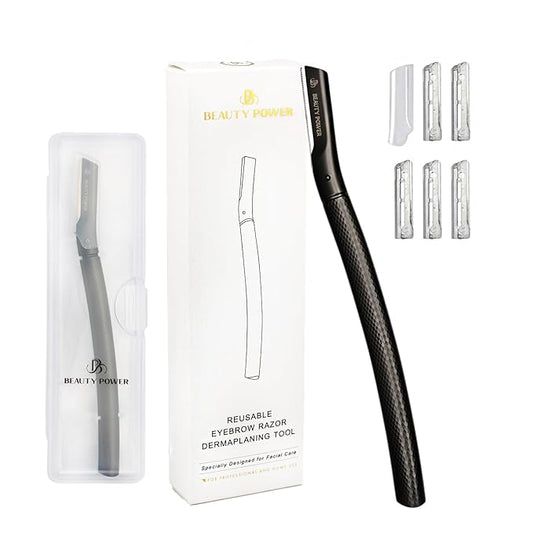 BeautyPower Disposable Razors – Eyebrow Razor with 6 Blades & Travel Case – Face Razors for Women & Men, Eyebrow Trimmer Shaper with Precision Cover, Facial Shaver & Dermaplaning Tool for Smooth Skin (Black)