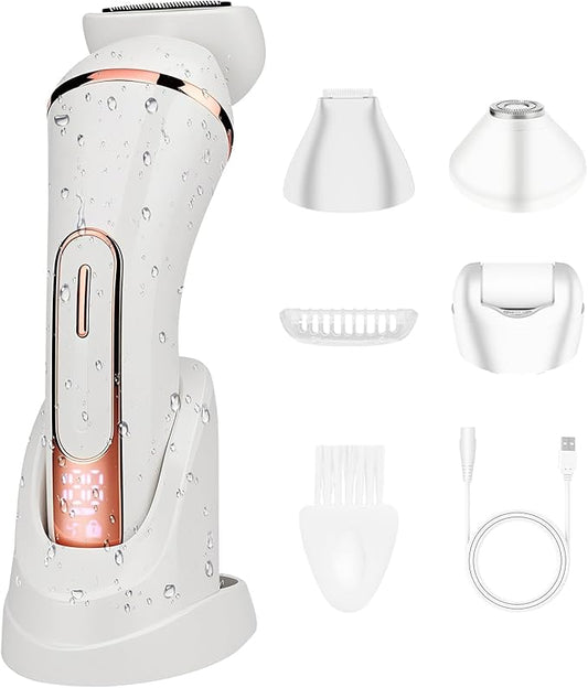 RESUXI Epilators – Electric Shavers for Women, 4 in 1 Hair Removal Kit with Epilator Bikini Trimmer Face Razor Body Brush Face Massager Foot Callus Remover, IPX7 Waterproof Lady Razors Set for Legs Armpit Bikini Pubic