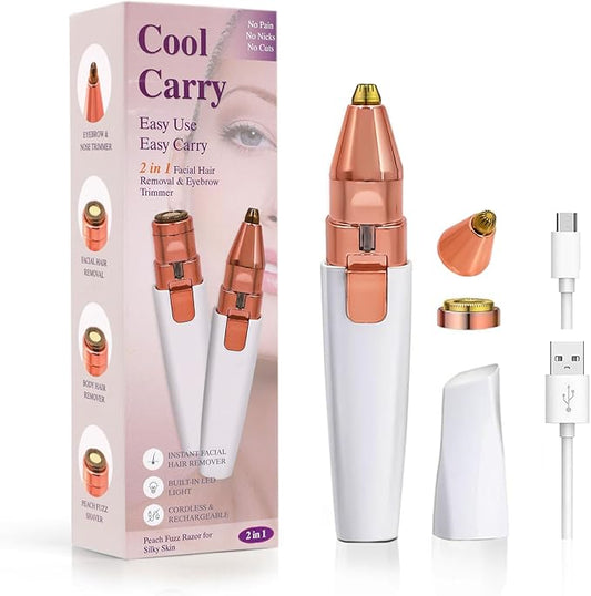 COOL+CARRY Epilators – Facial Hair Removal for Women & Eyebrow Trimmer 2 in 1, Electric Shaver&Portable Peach Fuzz Hair Razor,Rechargeable Remover for Pubic Lips Face Ear Hair,Body Hands, Chin Beard with Light