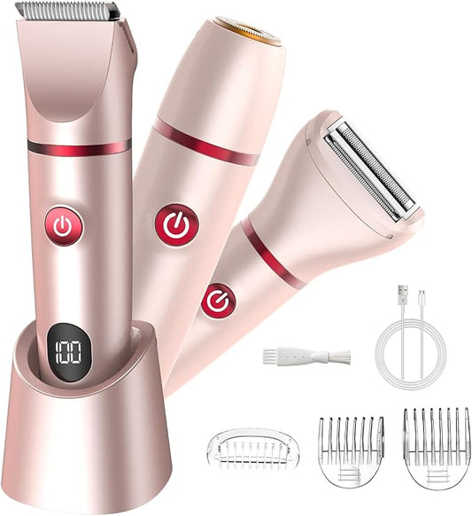 HomeandProfessionalUse Bikini Trimmers – Bikini Trimmer for Women- 3 in 1 Painless Electric Razors for Women,Waterproof Pubic Hair Trimmer and Facial Hair Remover,LCD Display Body Shaver for Trip,Rechargeable Women's Grooming Kit